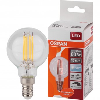 Лампа светодиодная OSRAM FILAMENT LED 5Вт E14 CLB60D белый диммируемая,прозрачный шар Лампа светодиодная OSRAM FILAMENT LED 5Вт E14 CLB60D белый диммируемая,прозрачный шар